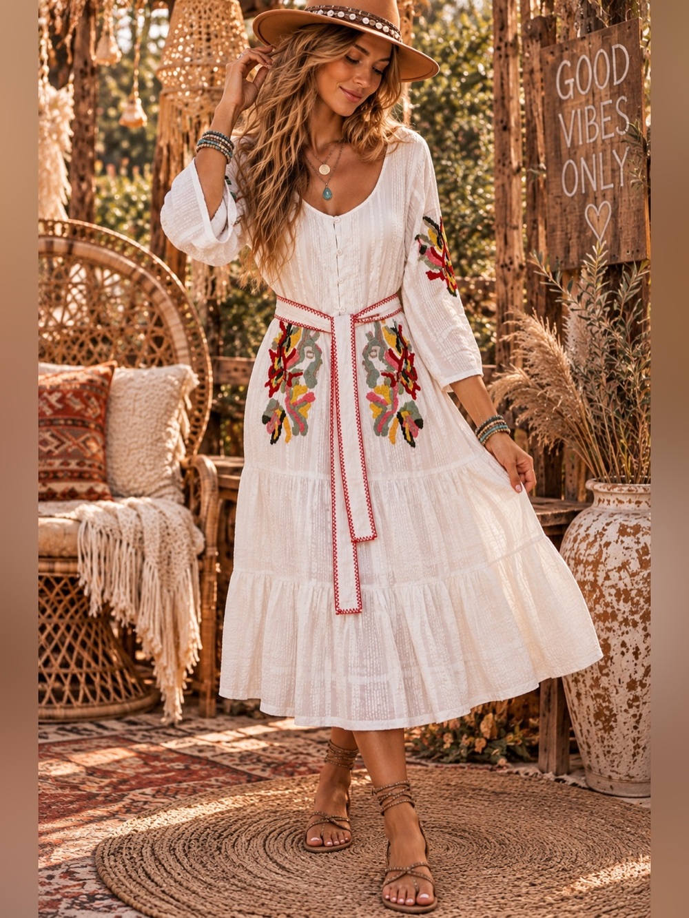 POL NWT White Cotton Embroidered Long Sleeve Midi Dress with Belt size L